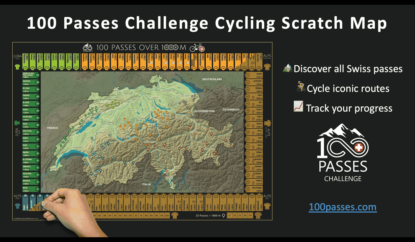 100 Passes Challenge rowerowa mapa Szwajcarii (pudełko albo ramka)