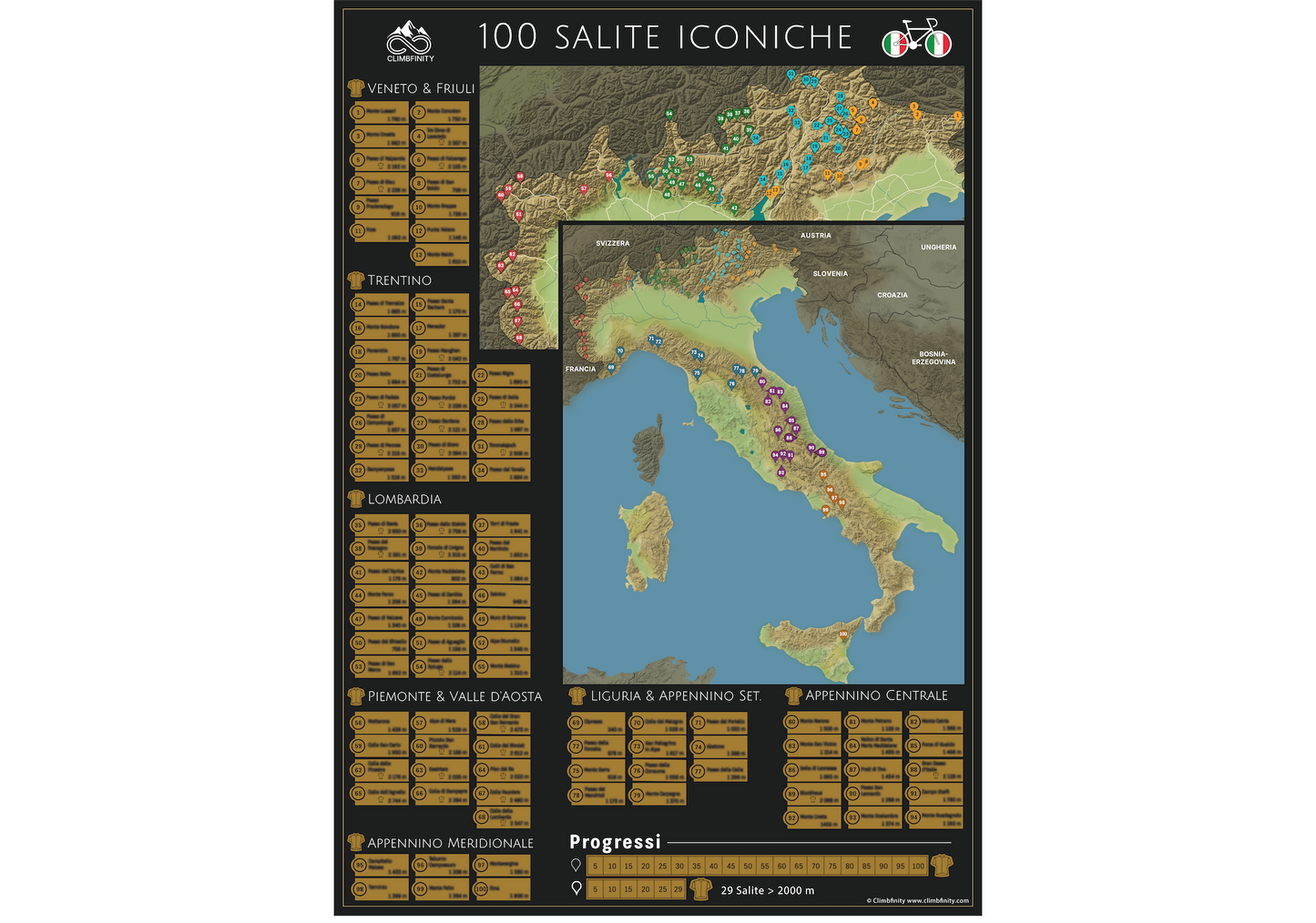 100 Salite Iconiche - Mapa ciclista para rascar de Italia