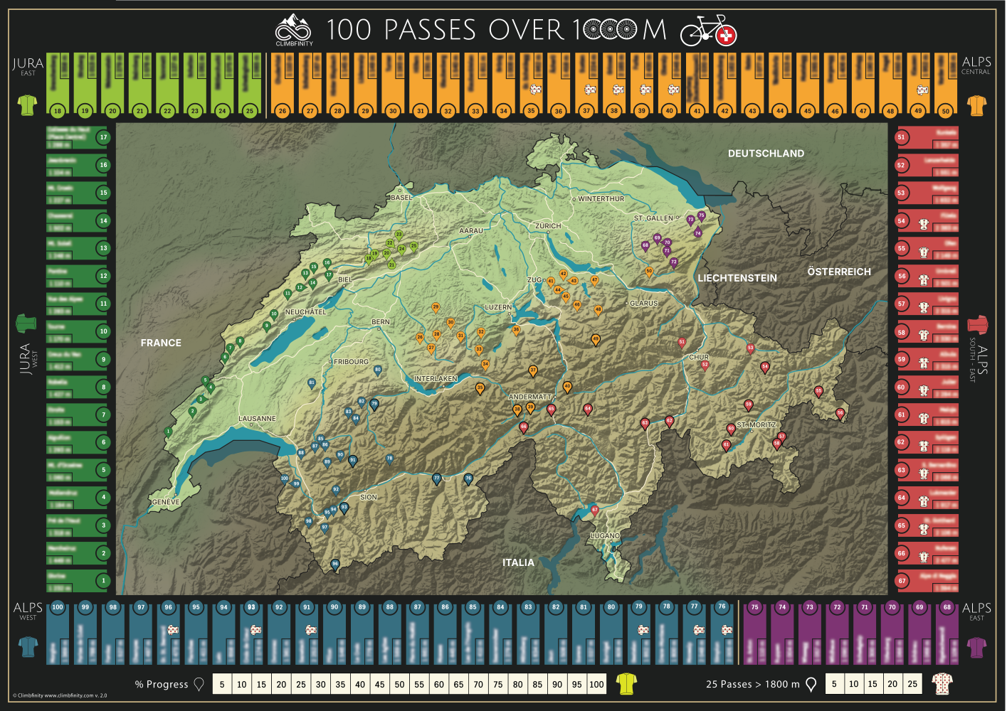 100 Passes Challenge rowerowa mapa Szwajcarii (pudełko albo ramka)