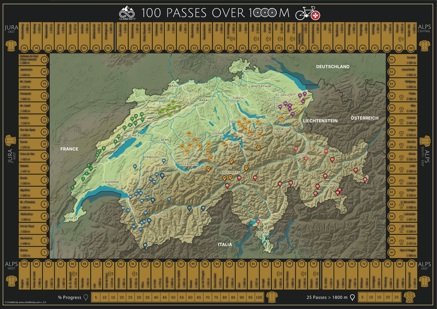 100 Passes Challenge rowerowa mapa Szwajcarii (pudełko albo ramka)