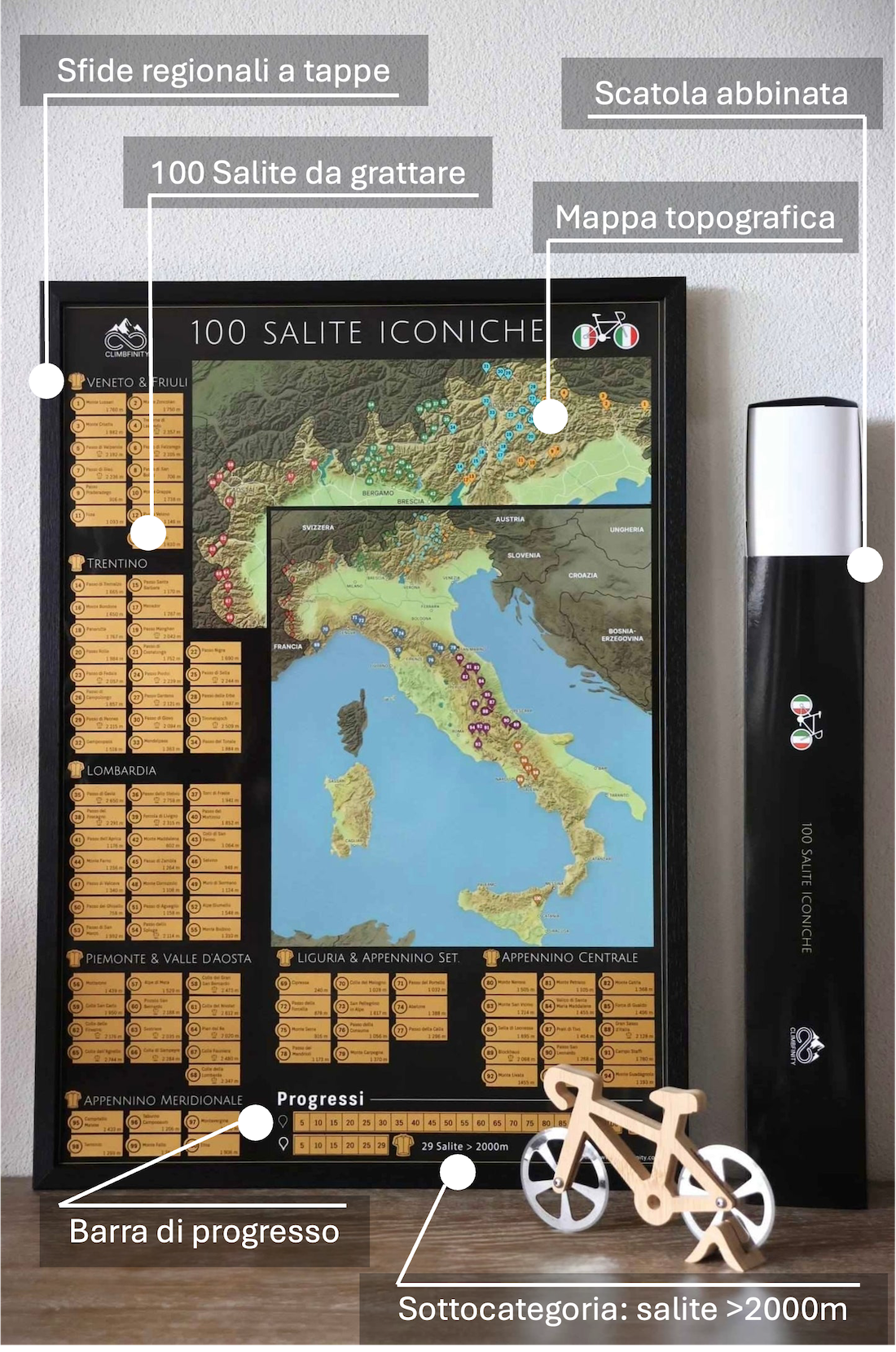 100 Salite Iconiche - Mapa ciclista para rascar de Italia
