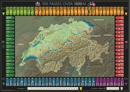 100 Passes Challenge cycling scratch map Switzerland (frame or box)